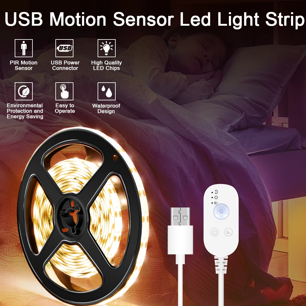 USB LED Strip Lights com sensor de movimento PIR  fita de diodo impermeável  decoração de Natal