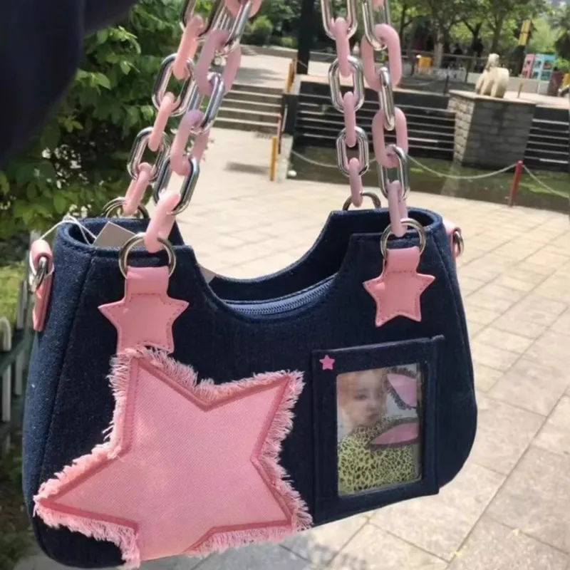 Y2K Vintage Shoulder Bag Korean Fashion Underarm Harajuku Star Tote Denim Bag Chain Ladies Bags Zip