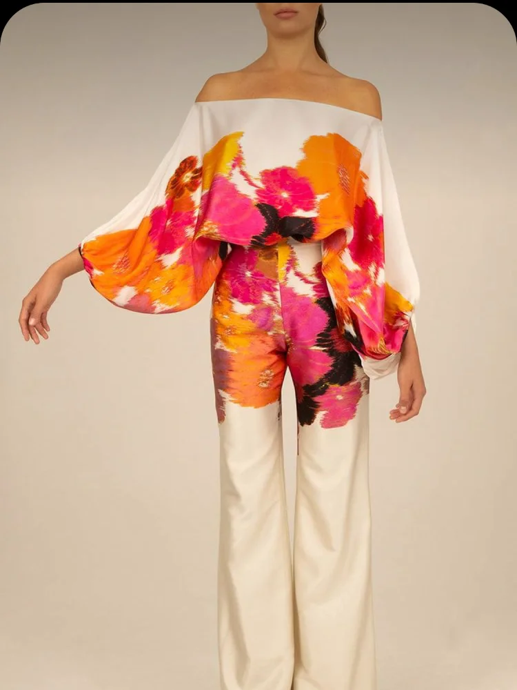 Fashion Print Satin 2 Piece Sets Women Casual Lantern Sleeve Off Shoulder Top Wide Leg Pants Suit