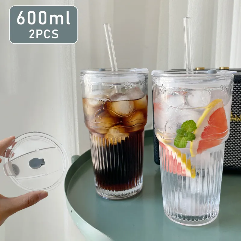 2pcs 600ml Stripe Glass Cup with Lid and Straw Transparent Drinking Glasses for Juice Water and Iced