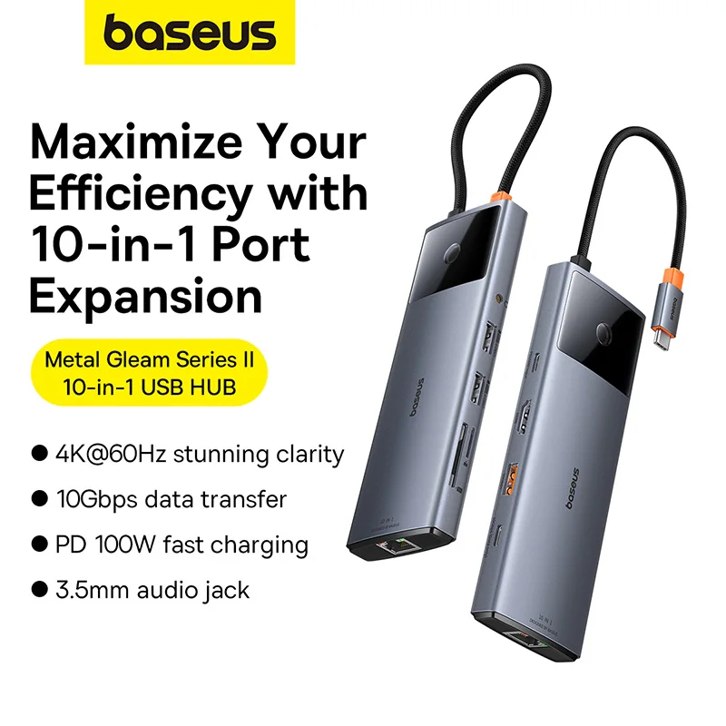 Baseus-HUB USB Metal Gleam Série II, Cinza Espacial, USB-C, HDMI, USB-A, 10 em 1