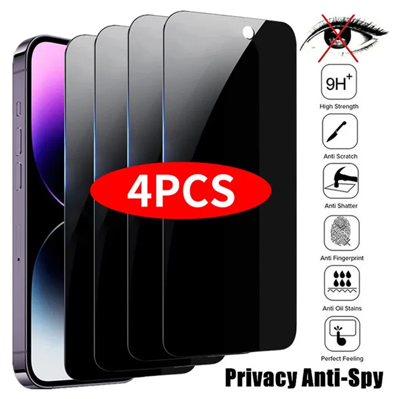 4PCS Privacy Screen Protector For iPhone 14 Pro Max 16 Pro Anti-Spy Glass For iPhone 13 15 12 11 Pro