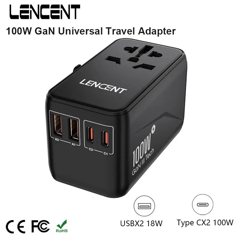LENCENT GaN III 100W Universal Travel Adapter with 2 USB and 2 Type C PD Fast Charging Adapter