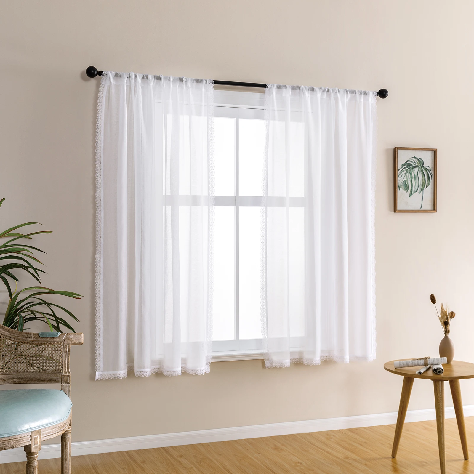 Small Short Sheer Curtains for Kitchen Bedroom Valance Tulle Drapes Embroidered Lace White Voile