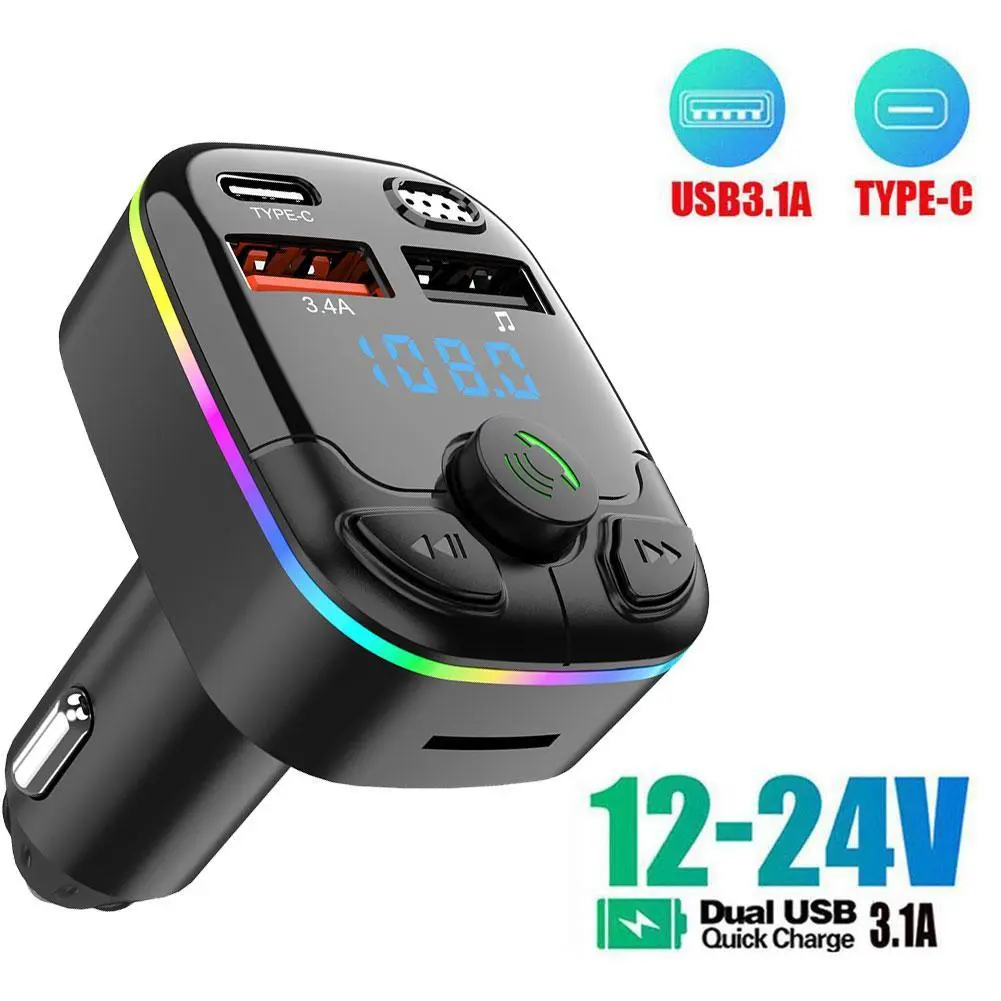 Car Bluetooth 5.0 FM Transmitter PD Type-C Dual USB 3.1A Fast Charger Colorful Ambient Light