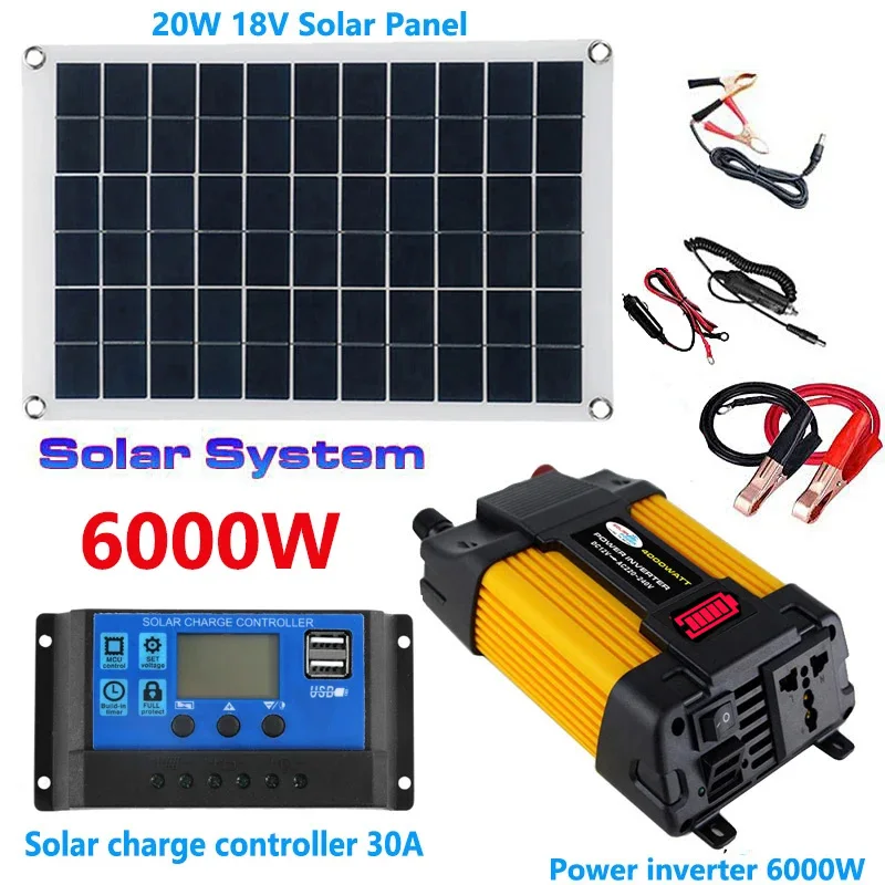 12 V bis 110 V/220 V Solarpanel-System, 20 W Solarpanel, 30 A-Controller, 6000 W, modifizierter