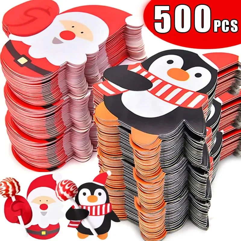 Christmas Lollipop Paper Cards Cartoon Santa Claus Penguin Snowman Kids Candy Gifts Package Wrapping