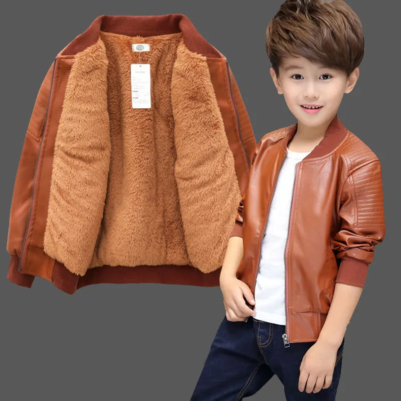 Boys Coats Autumn Winter Fashion Children's Plus Velvet / No Velvet Two styles Warming Cotton PU