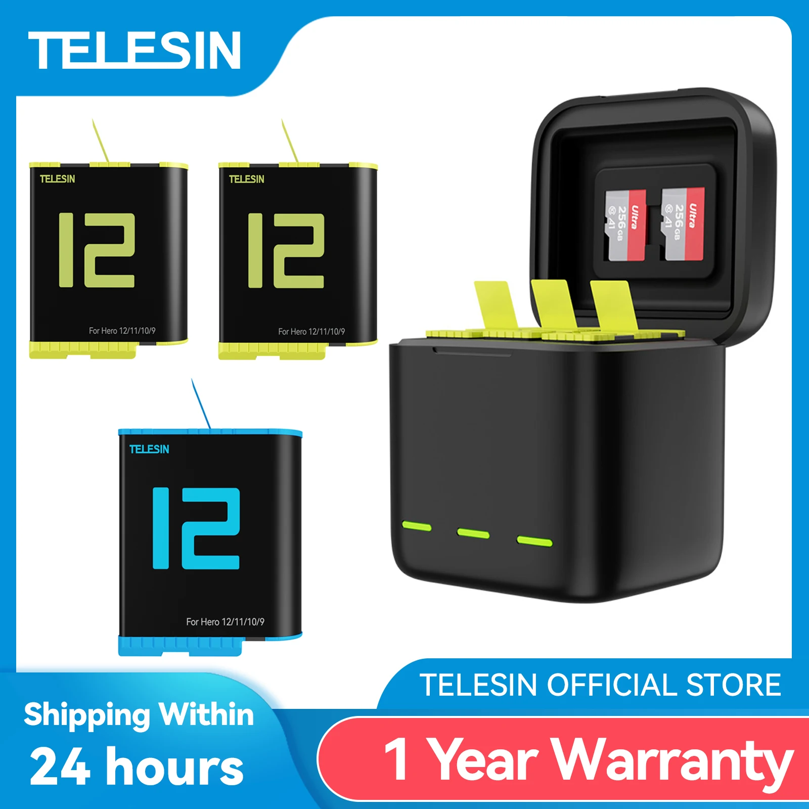 Telesin 1750 mah Batterie für Gopro Held 12 11 10 9 Batterie 3 Steckplätze LED Licht Ladegerät TF