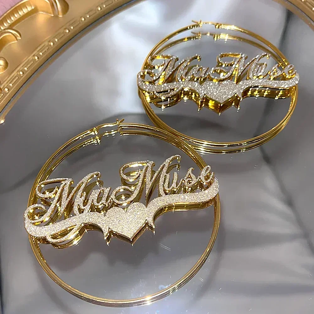 Custom Frosted Name Round Earrings Stainless Steel Personalized Customize Earring Women Jewelry