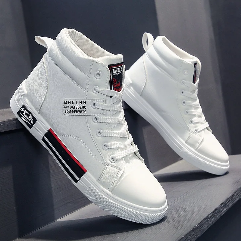 Fashion Leather Men Canvas Shoes Autumn High-Top Casual Shoes for Men Non-Slip Male Sneakers Flat