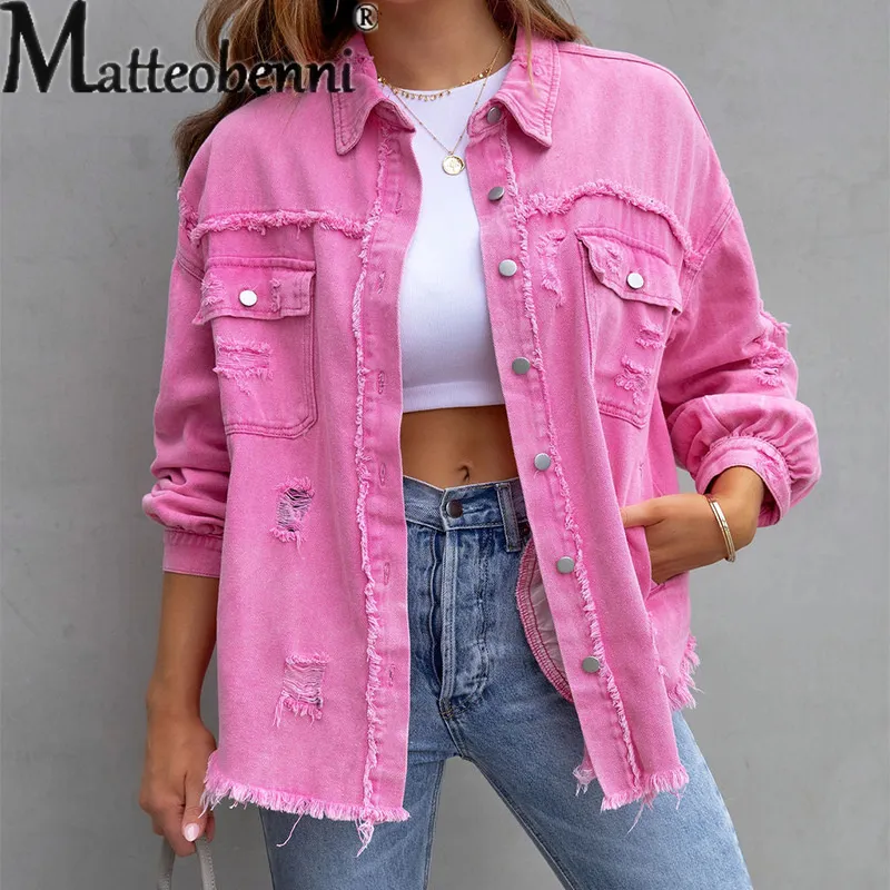 Sweet Color Splicing Pocket Denim Jacket Female Fashion Streetwear Lapel Long Sleeves