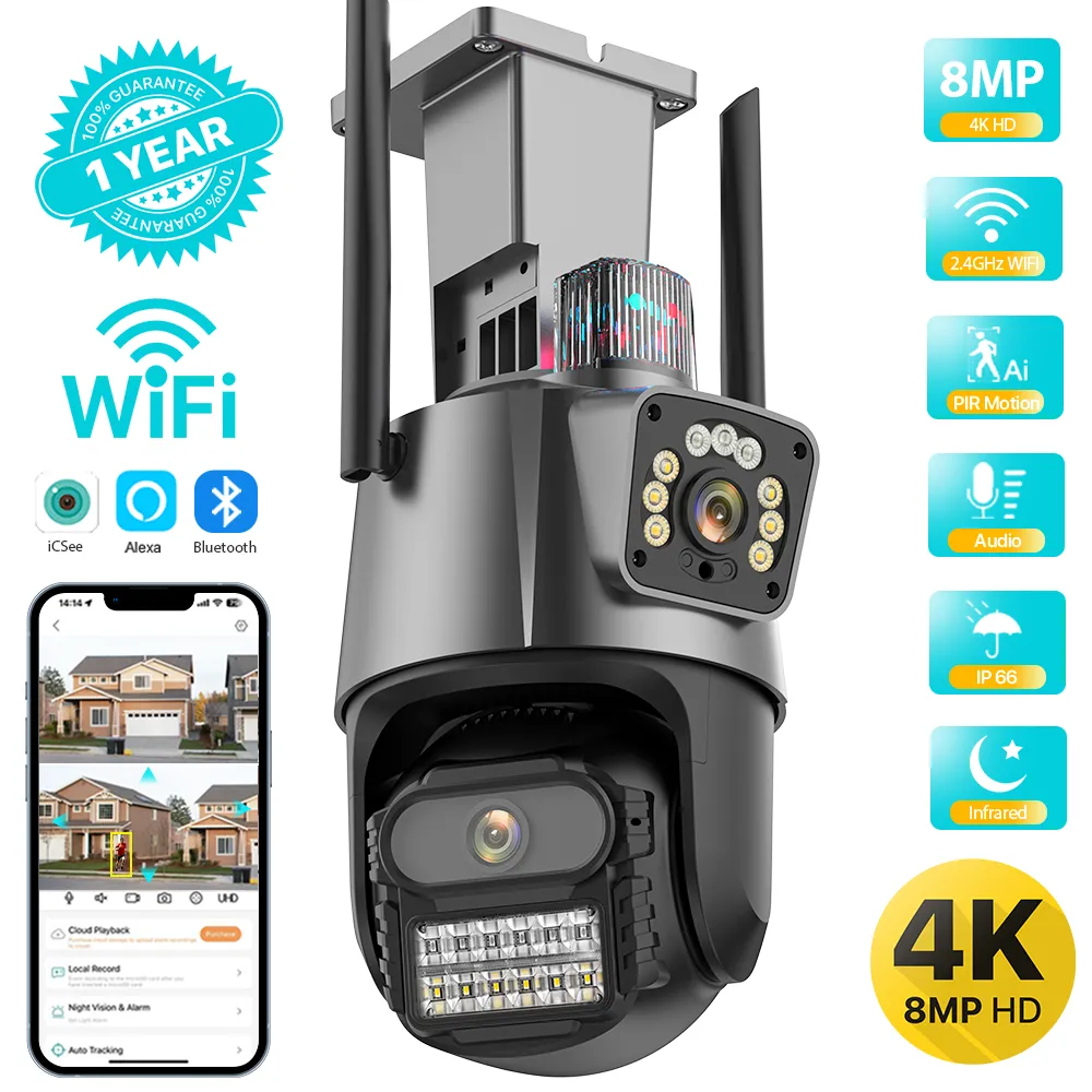 Outdoor Wifi PTZ Camera 4K 8MP HD Dual-Lens Dual Screen Camera AI Auto Tracking 4MP Video