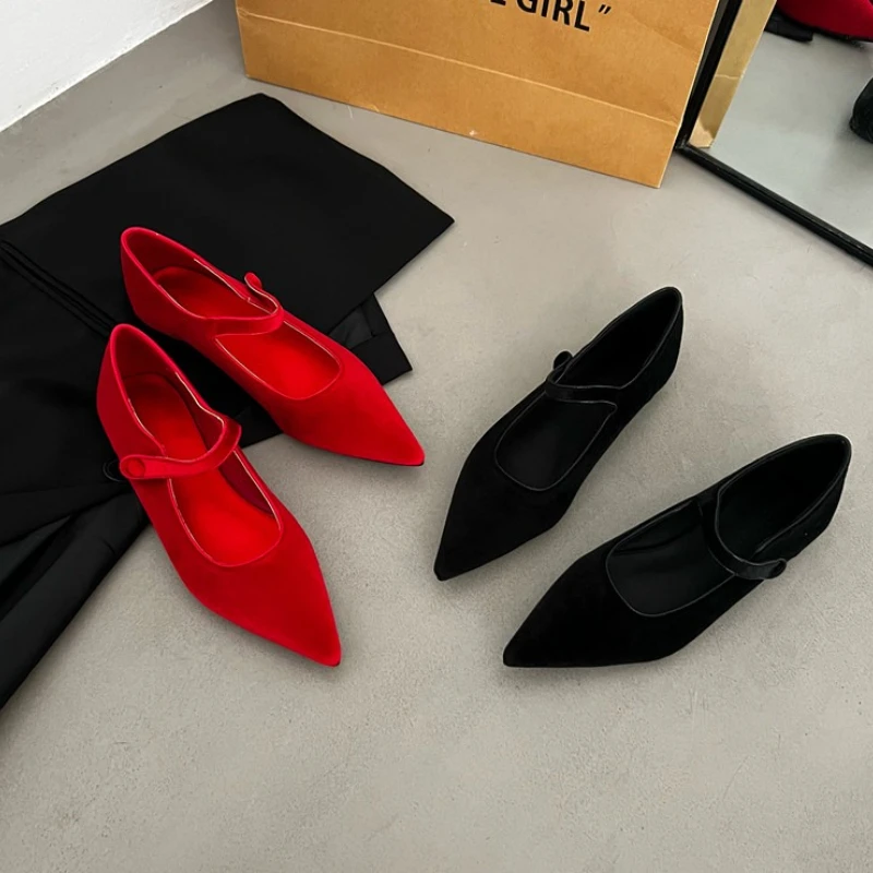 New Winter Women's Mary Jane Shoes Retro Flat Pointed Toe Suede Ballet Shoes One-Buckle Low Heel