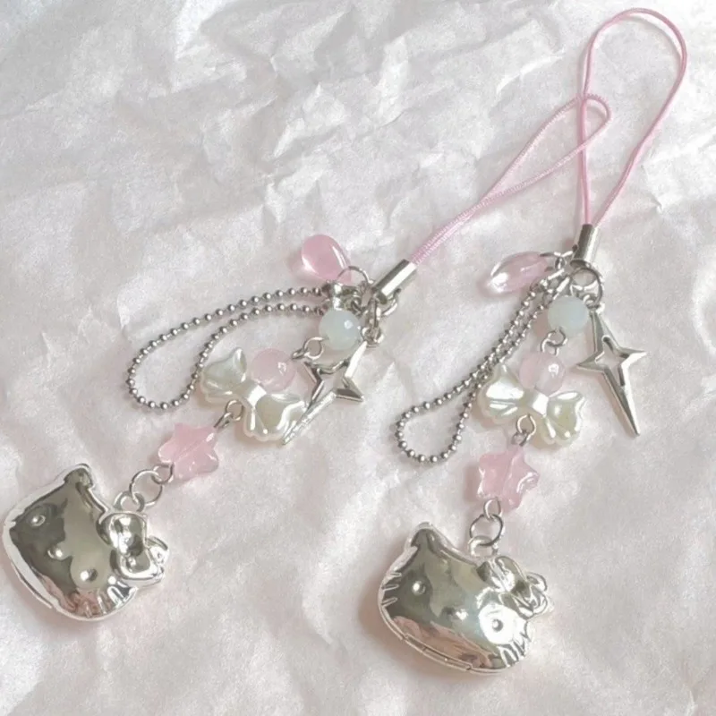 Hello Kitty Cell Phone Rope Chain Sanrio Anime Pendant Handmade Beads Strand Choker Bracelets Dangle