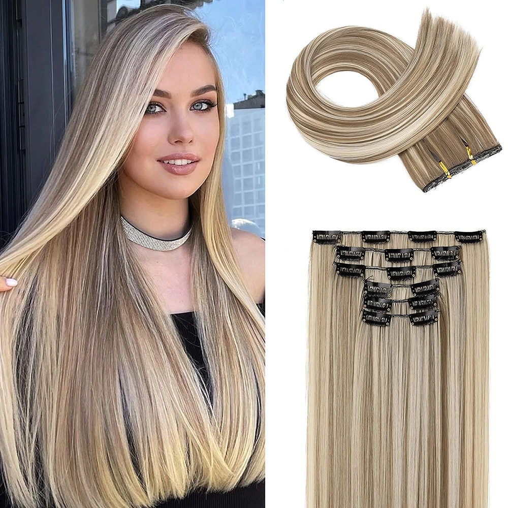 Black Hair Extensions 24"/60cm 140g 6pcs/set Women Long Straight Synthetic  Full Head Clip 16 Clips
