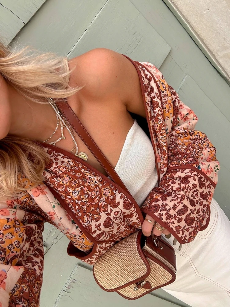2023 New Autumn Vintage Print Patchwork Cotton Woman Coats Casual Loose Full Sleeve Short Jackets