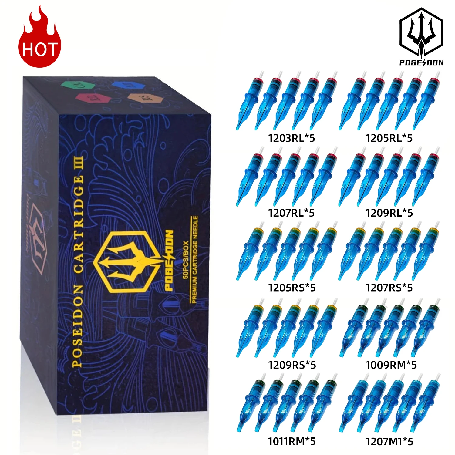 POSEIDON 50PCS Mixed Professional Tattoo Cartridge Needles with Membrane Safety Cartridges