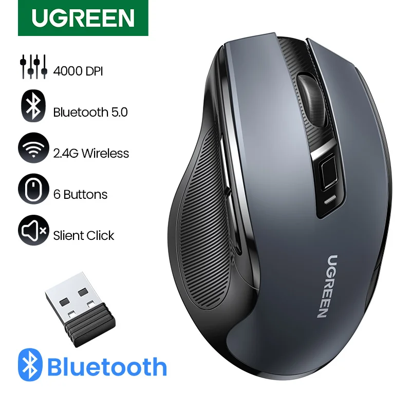 UGREEN Mouse sem fio Bluetooth 5.0 mouse ergonomic 4000dpi 6 botões mudo mouse para macbook tablet