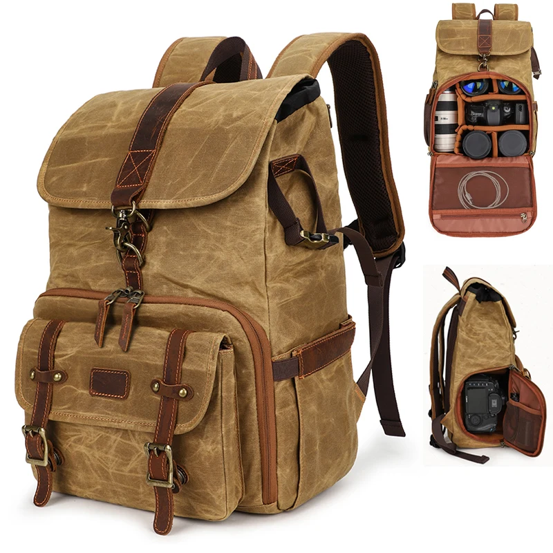 Vintage-Kamera rucksack mit großer Kapazität, gewachste Leinwand, wasserdichte Fotokamera tasche mit