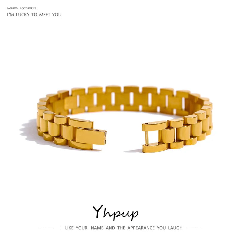 Yhpup Stainless Steel Chain Bracelet Simple 18 K Plated Heavy Metal Texture Fashion Jewelry Men