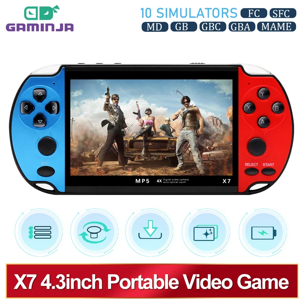 GAMINJA X7 4.3inch Handheld Game Console IPS Screen Video Game Player HD Game Console Built-in 10000