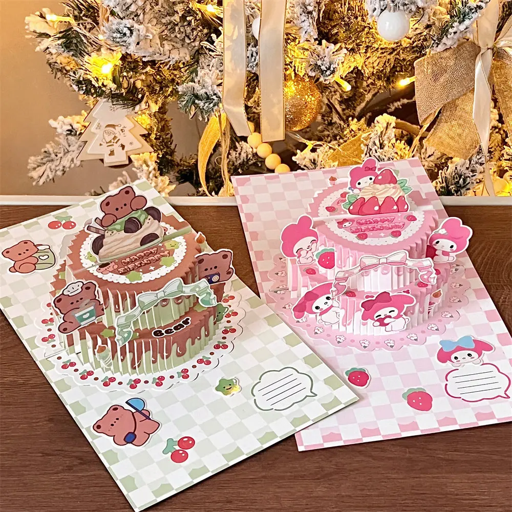DIY Cartoon 3D Birthday Cake Greeting Card Foldable Blessing Letter Free Cutting Envelope Material