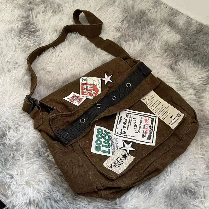 Vintage Y2k Messenger Bag for Women Canvas Star Patch Students School Crossbody Bags American