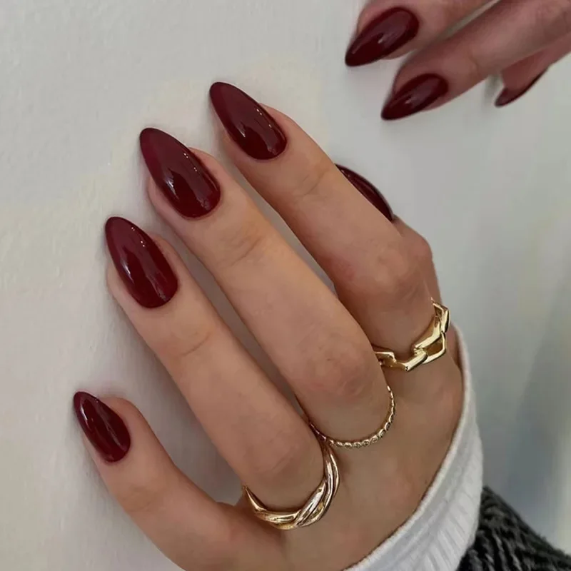 24Pcs Simple Wine Red Fake Nail with Glue Mid-length Almond Press on False Nails Wearable Round Head
