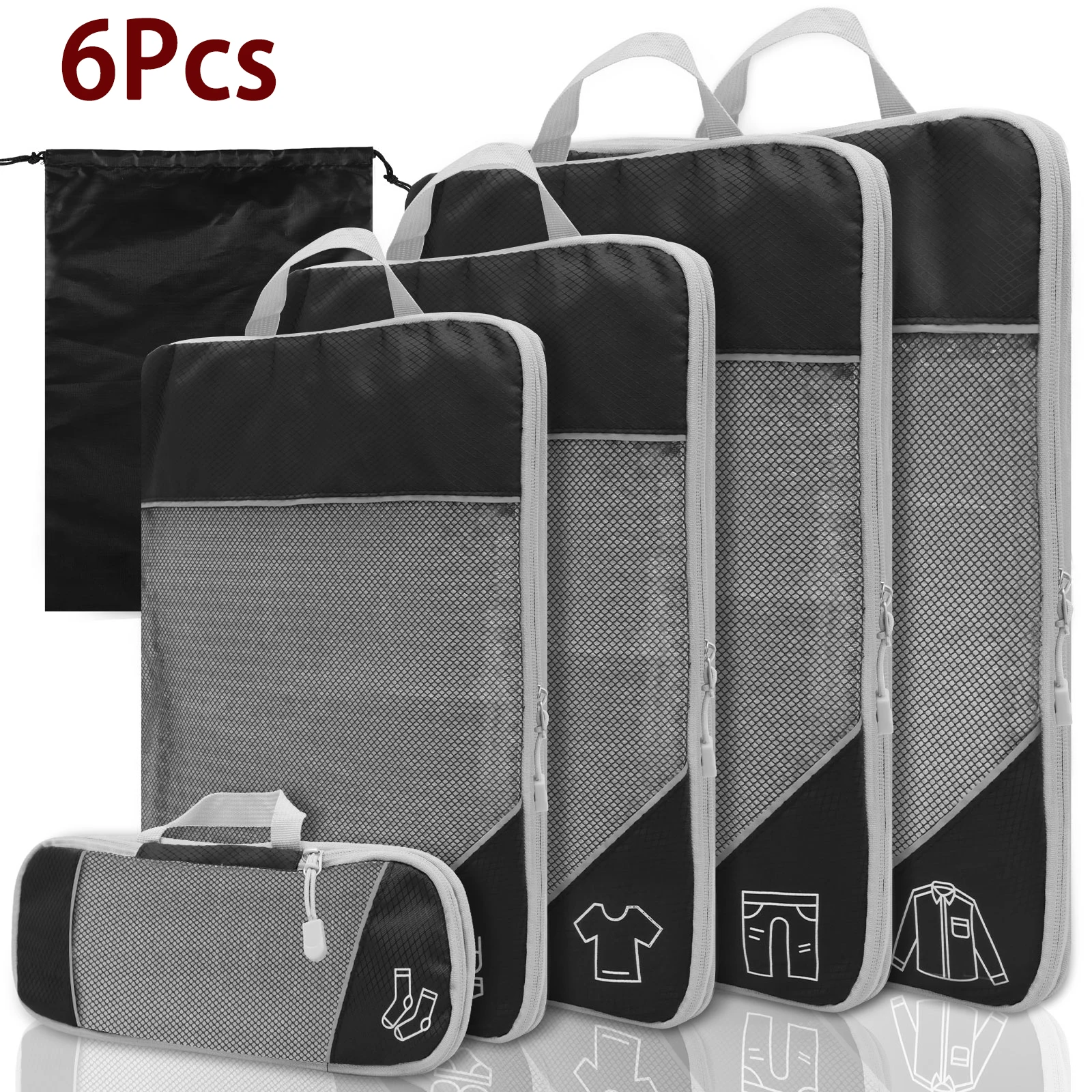 6Pcs Set Travel Bag Compression Packing Cubes Lightweight Durable with Storage Bag Nylon Luggage
