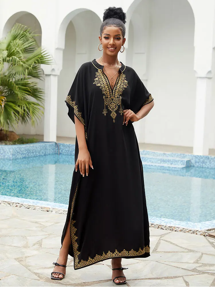 2023 Boho Embroidery V Neck Bikini Cover-ups Summer Autumn Loose Kaftan Dress Women Plus Size