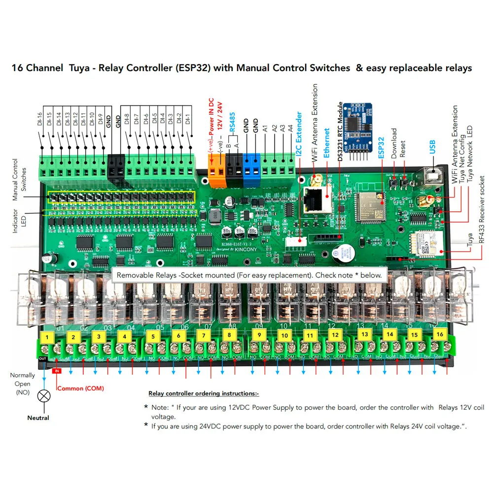 KC868-E16T tuya esp32 relais board smart home automation controller tasmota esphome wifi/rj45/rs485