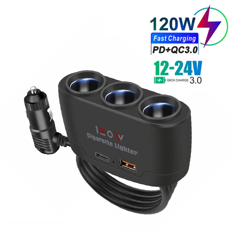 PD QC3.0 Dual USB Socket 120W Car Cigarette Lighter Splitter 12V 24V Fast Charger Plug Phone Power