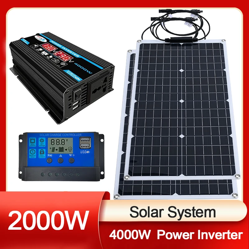 2000 W Solarpanel-Kit, Wechselrichter, Solarregler, wasserdicht, Comping-Solarstrom, 110 V-220 V