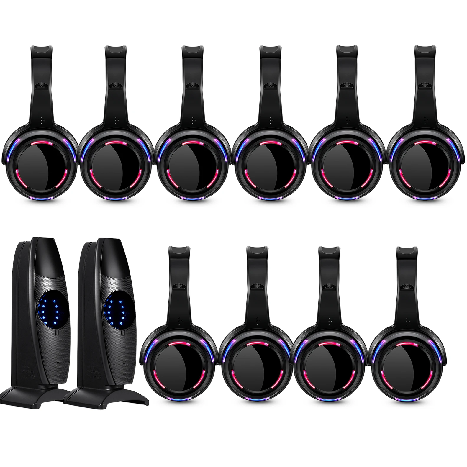 Silent Disco LED kabellose Kopfhörer für Party (10 Headsets 2 Sender und 1 Ladegerät)