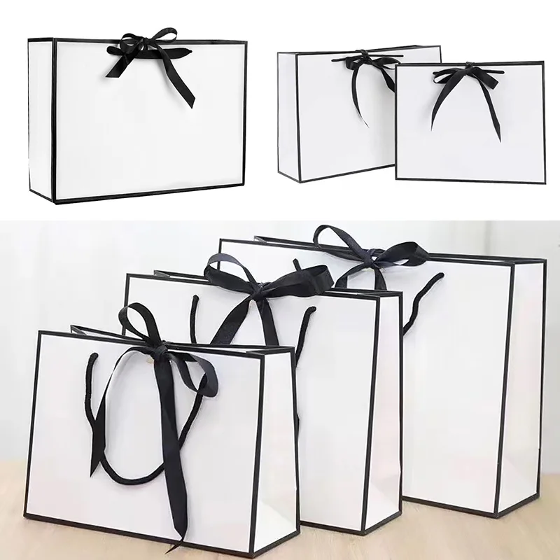1PC Cardboard Paper Shopping Handbag Gift Packing Bag Portable Black White Wrapping Tote With