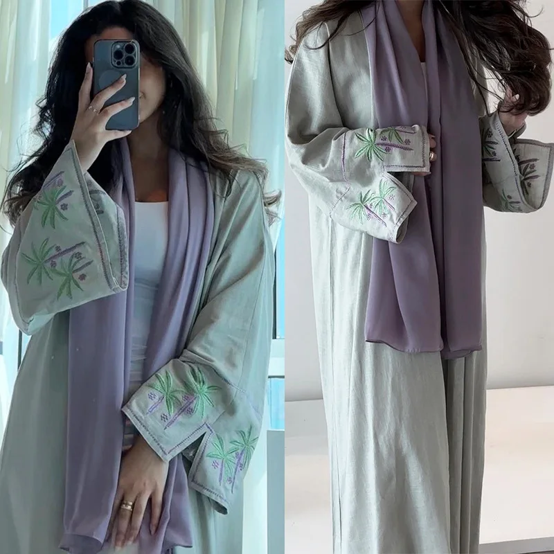 New Chic Ramadan Ethnic Muslim Kimono Open Abaya For Turkey Women Modest Solid Embroidery Full