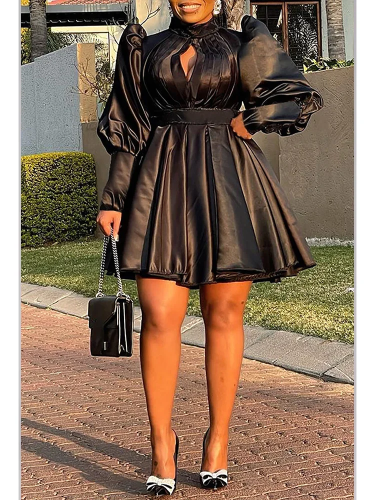 Plus Size Women'S Dress Solid Color Evening Dress Pleated And Fluffy Sleeves Elegant Commuting Mini