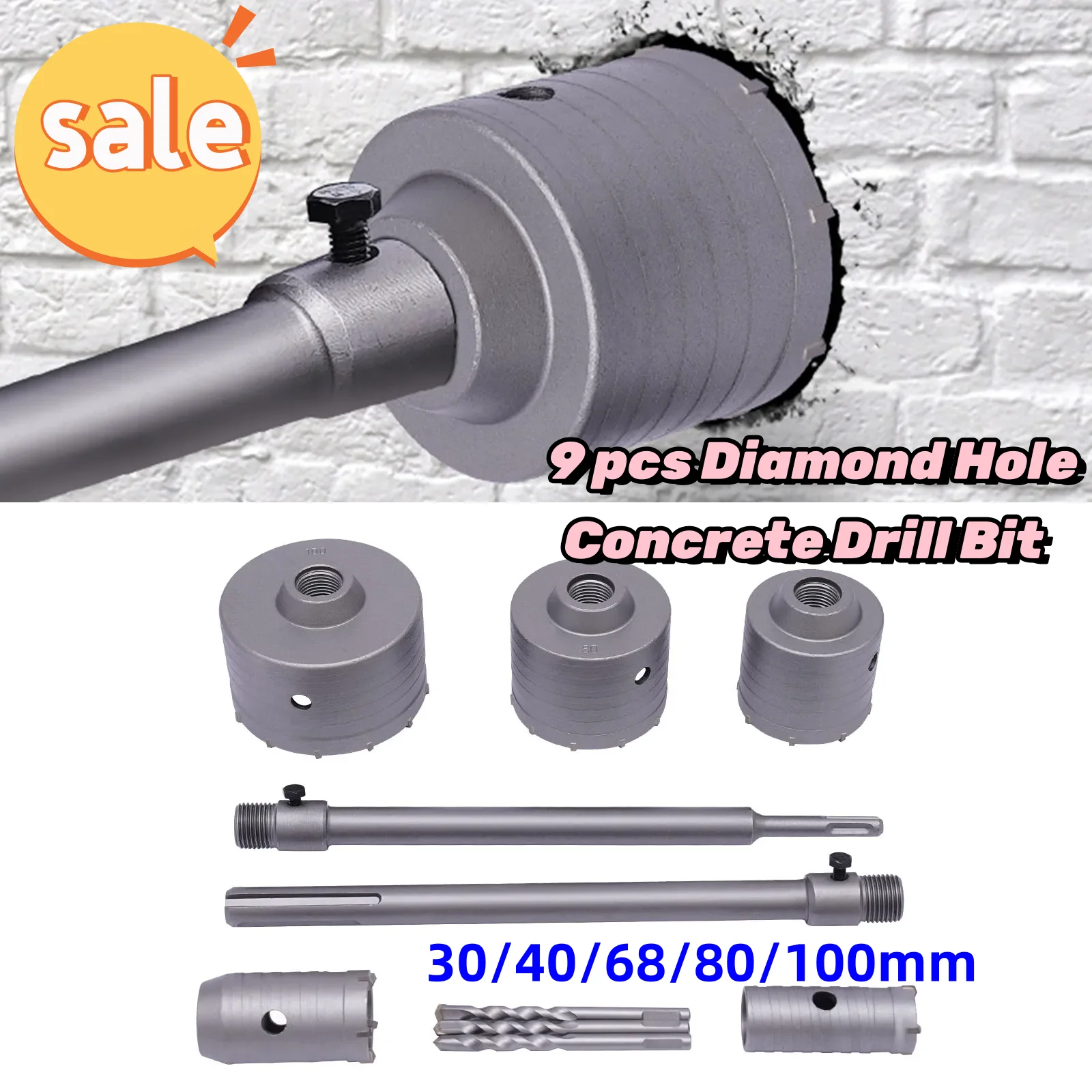 9 stücke Diamant loch Beton bohrer Set Loch Säge Zement Ziegel Full Kit 30/40/68/80/100mm