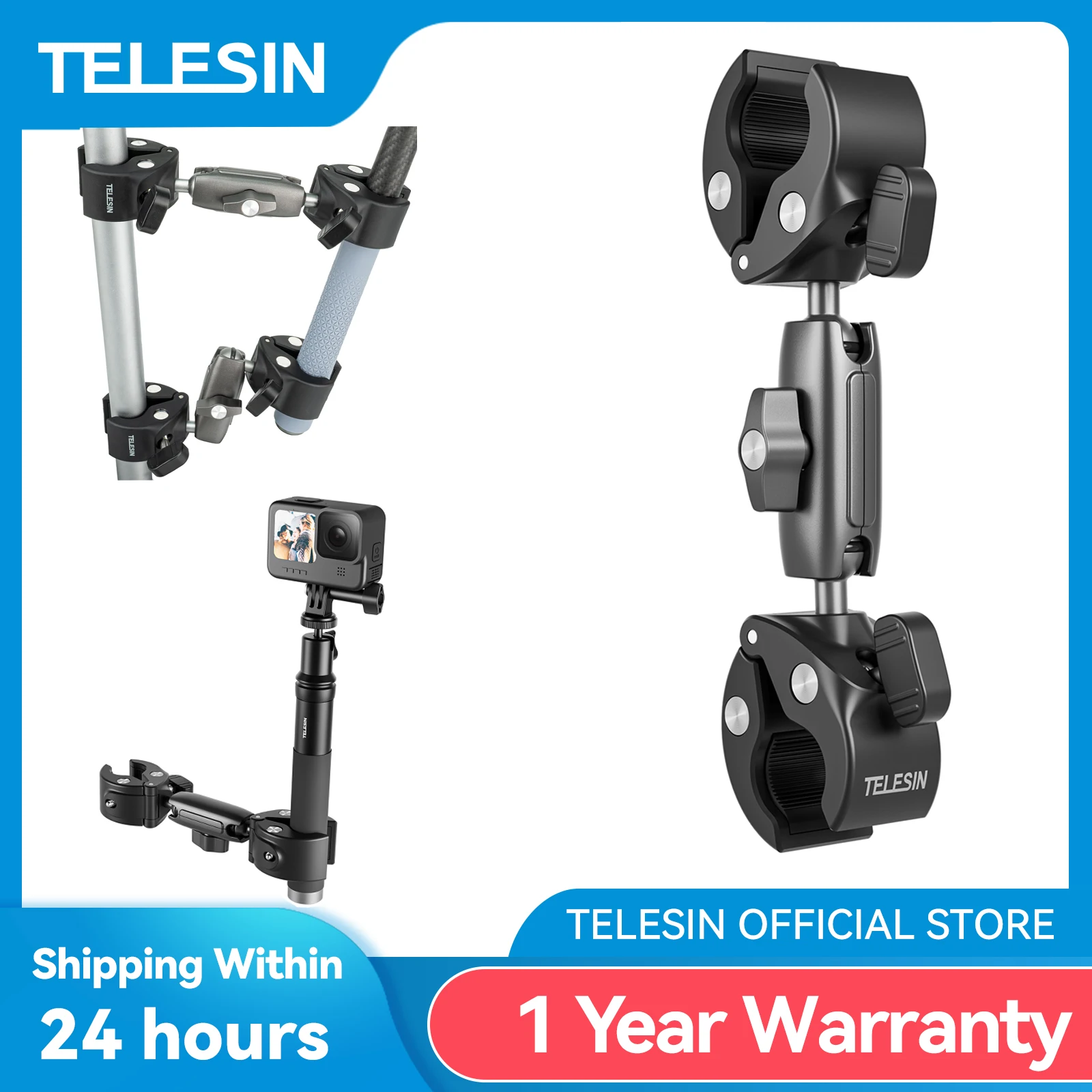 TELESIN-Motocicleta Bike Monopé  Guiador de Bicicleta  Montagem Panorâmica  Vara Selfie Invisível