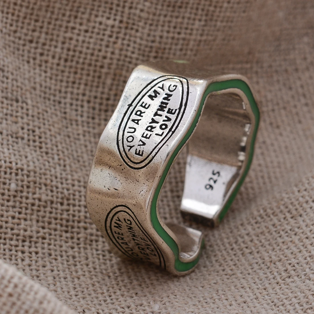 New Arrival Elegant Letter Carving Green Stripe Design Retro Thai Silver Female Finger Ring For