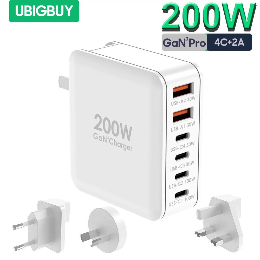 Ubigbuy 200w usb c wand ladegerät 6-port pd 100w pps45w reise adapter gan schnell ladestation für
