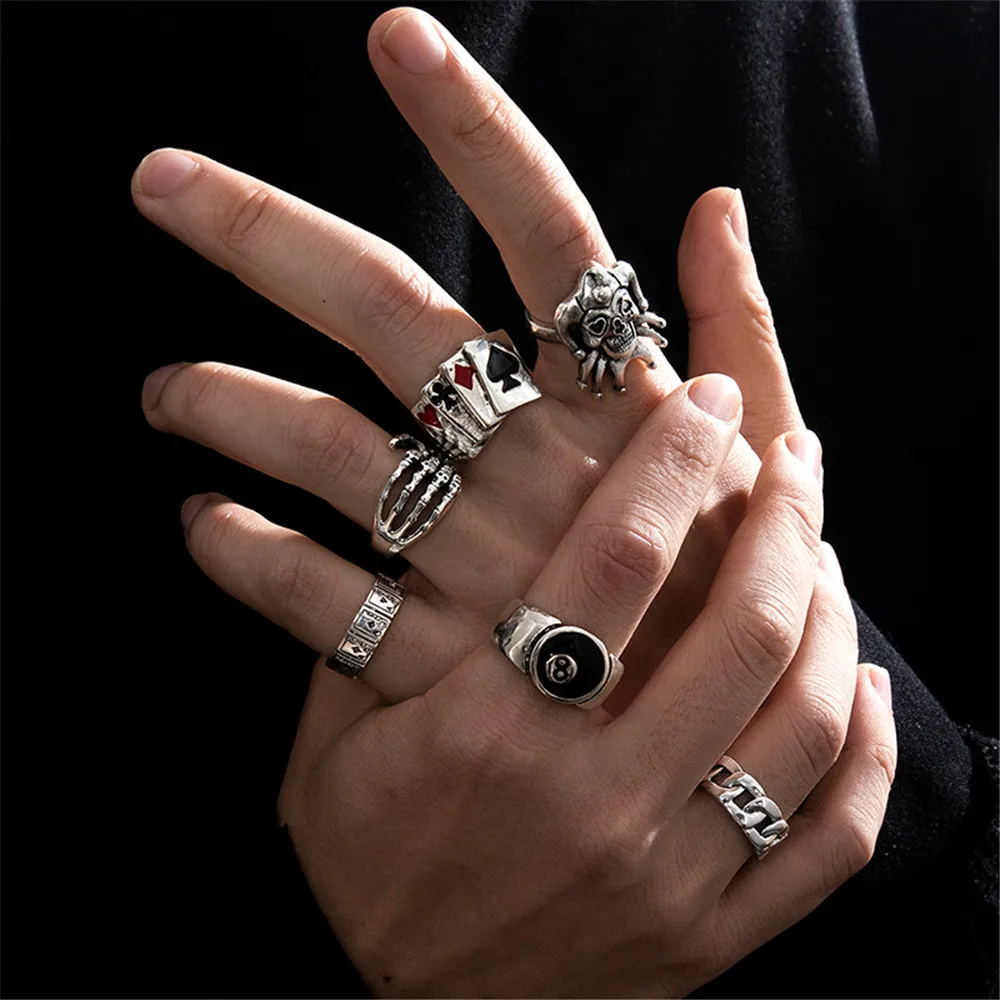 6Pcs Punk Poker Joker Silver Color Rings for Men Goth Skeleton Billiards Set Couple Emo Fashion
