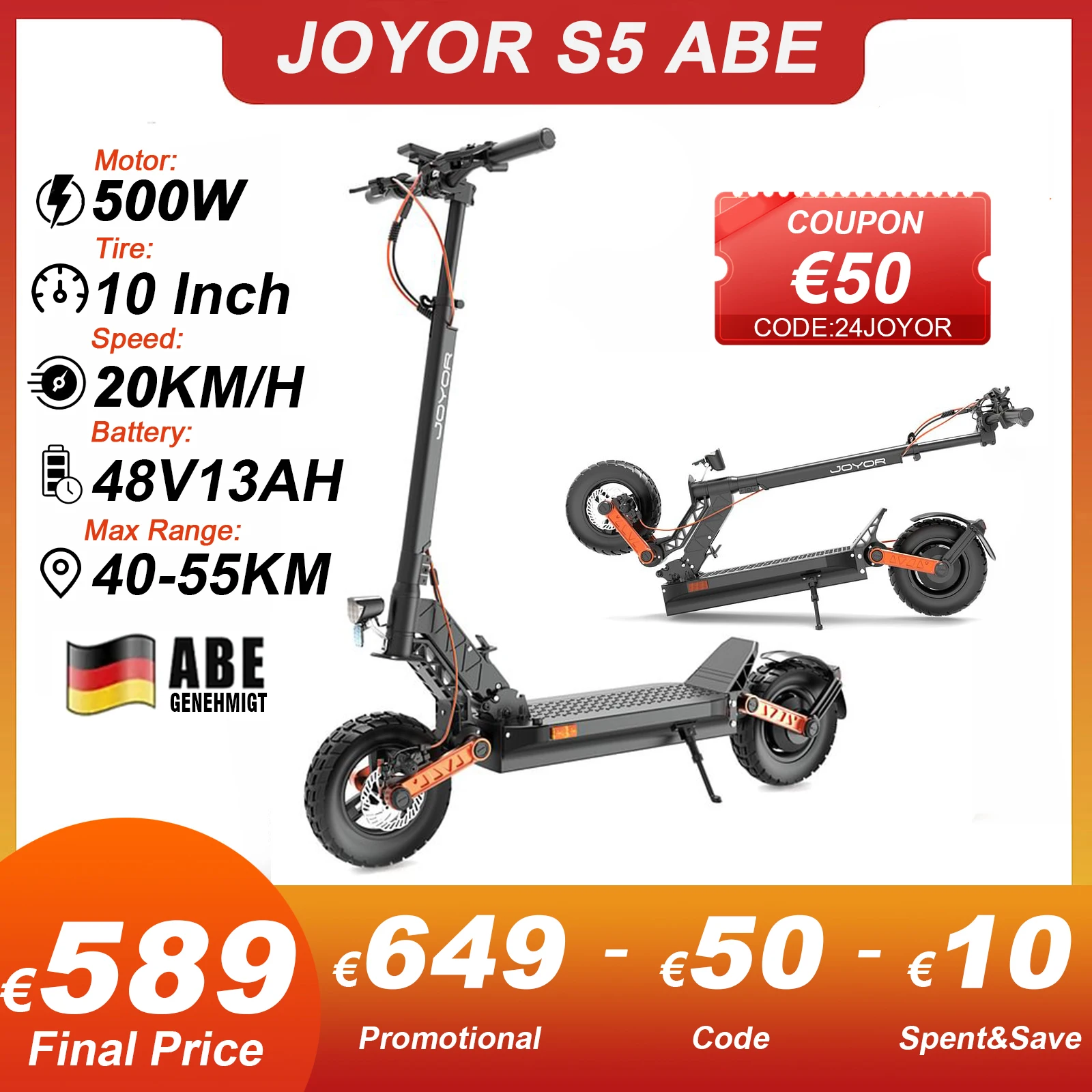 JOYOR S5 ABE 500W Elektrischer Roller mit Straßenlegal 20KM/H Max Speed Range 55KM 13AH Batterie