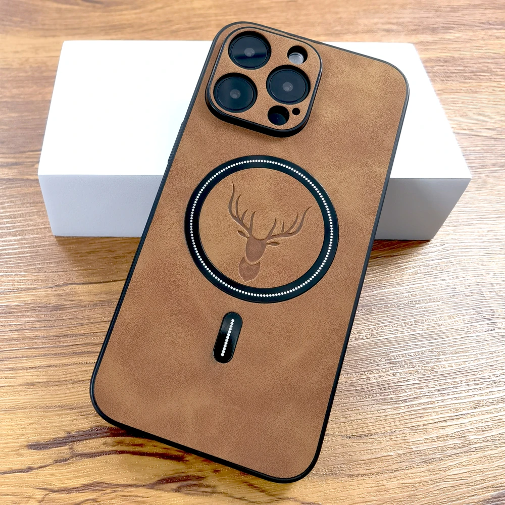 Luxury PU Leather Deer Case For iPhone 15 14 13 12 11 Pro Max 15Pro 14Pro 13Pro ProMax For Magsafe