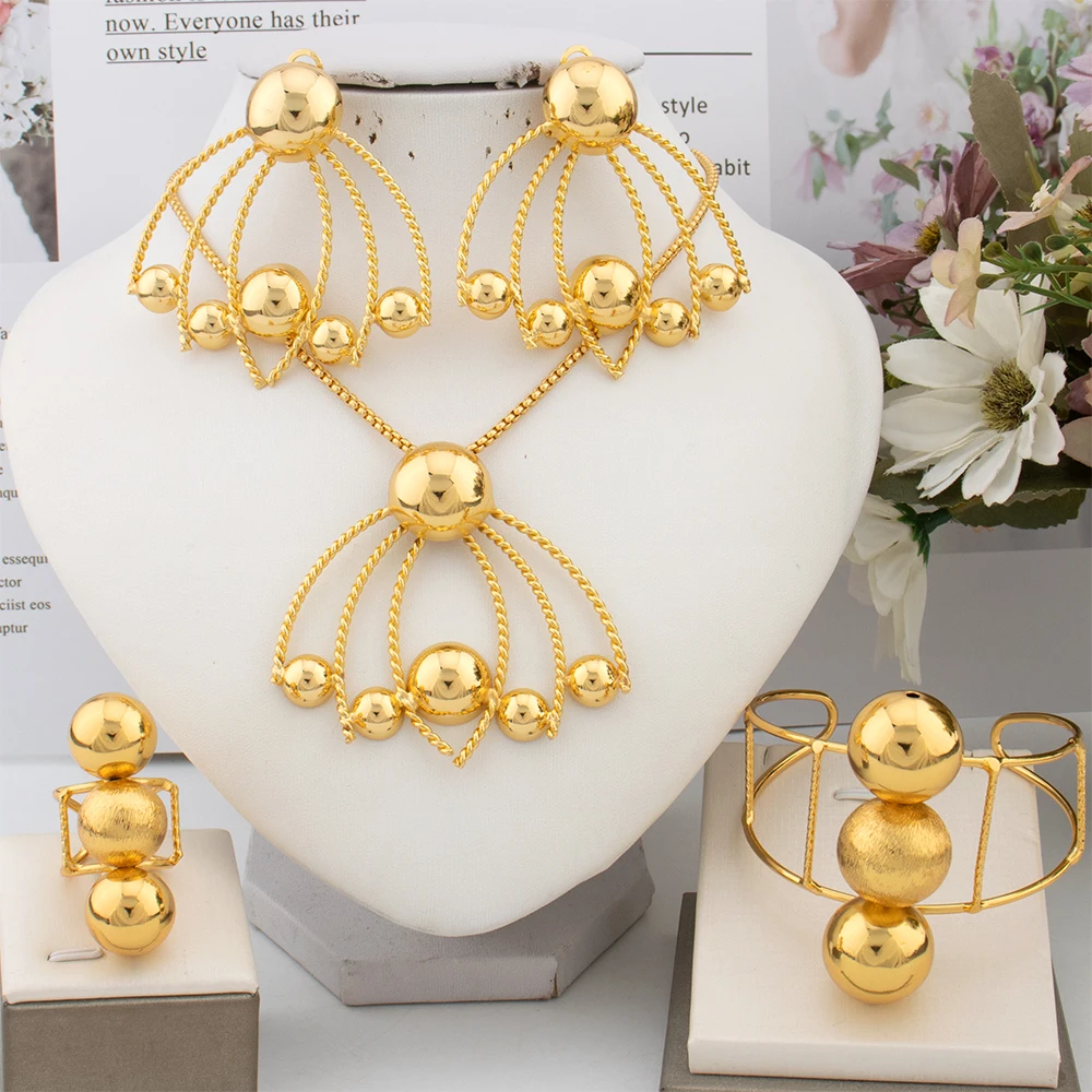 African Ethiopia Necklace Earrings Bangle Ring Luxury Dubai Gold Color Jewelry Sets Bridal Wedding