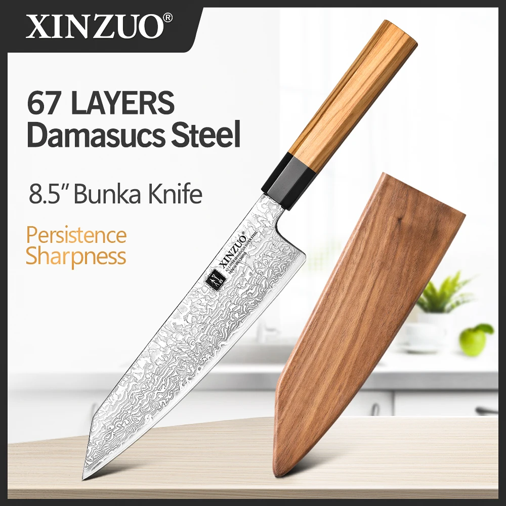 Xinzuo 8.5 Inch Bunka Mes Achthoekig Handvat Damascus Super Staal Gesmeed Kiritsuke Keuken Chef-Kok