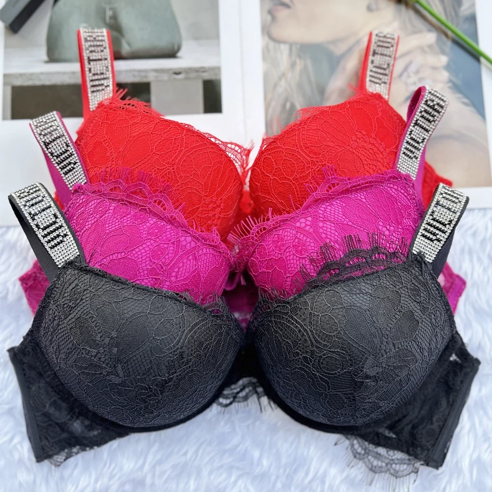 Fashion Women Seamless Bra Victoria Sexy Brassiere Push Up Underwear Female Letter Rhinestone Brands