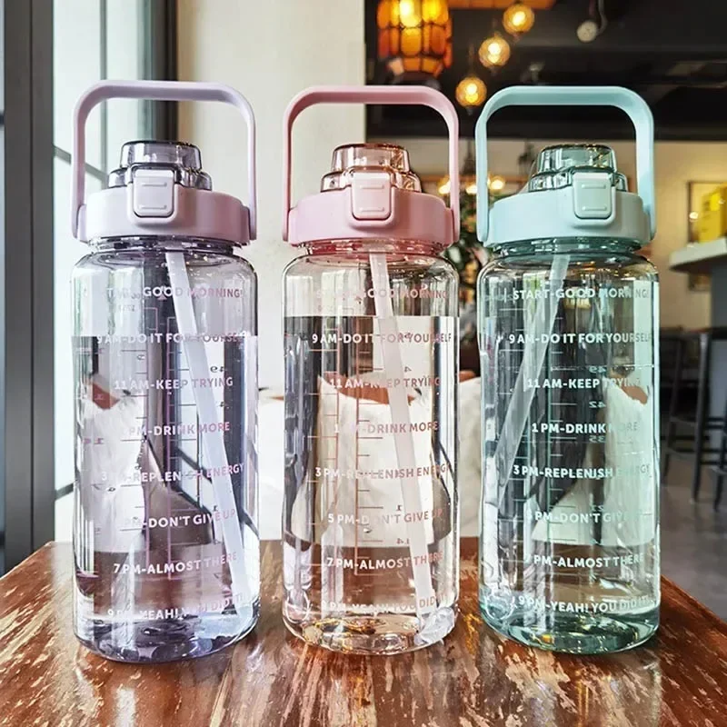 2L Straw Water Bottle Large Capacity Plastic Water Cup Portable Drink Bottle With Time Marker For