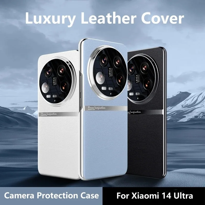 Für Xiaomi 14 Ultra Hülle, luxuriöses schlichtes PU-Leder + Galvanikrahmen, ultradünne